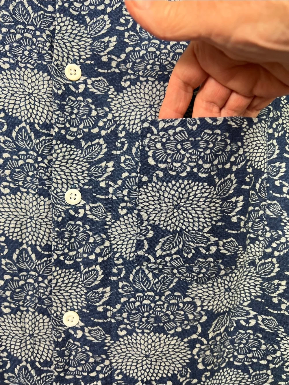 J. Crew Linen Blend Blue & White Allover Print Short Sleeve Shirt Large